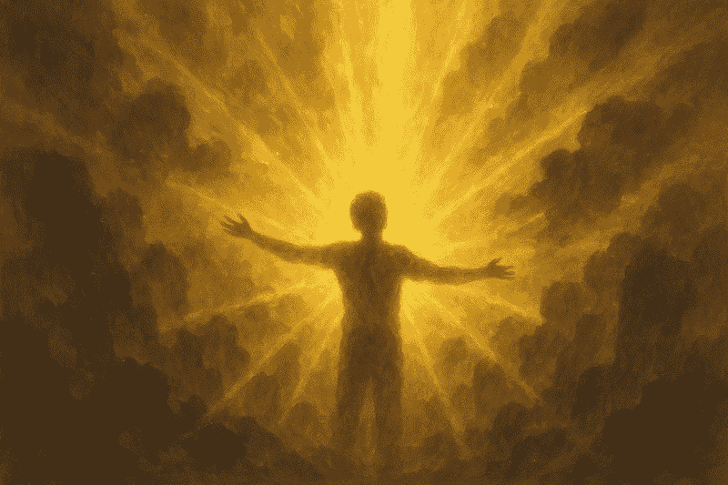 Blockaden lösen: Mensch mit ausgebreiteten Armen steht in goldenem Licht, das dunkle Wolken durchbricht und Befreiung für Körper, Geist und Seele symbolisiert.