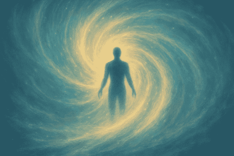 Energetische Reinigung: Silhouette eines Menschen im Zentrum eines leuchtenden Energie-Wirbels aus Gold und Blau, symbolisiert Kraft und Balance für das Leben.