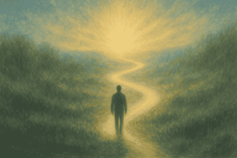 Intuitive Lebensberatung: Silhouette eines Menschen geht einen erleuchteten Pfad entlang, der in goldenes Licht führt und Klarheit für den Lebensweg symbolisiert.