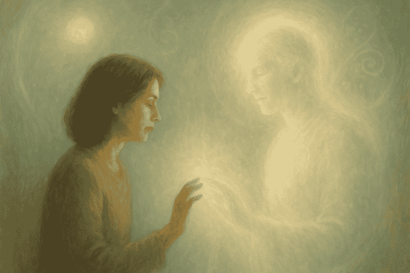 Jenseitskontakte: Frau in sanfter Pose steht einer leuchtenden Lichtgestalt gegenüber, ihre Hände fast berührend, umgeben von goldenem Schimmer und spiritueller Atmosphäre.