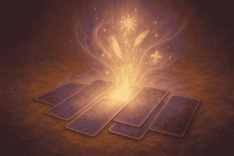 Kartenlegen: Leuchtende spirituelle Karten strahlen golden-violettes Licht aus, aus dem Symbole wie Sonne, Feder und Blume aufsteigen – ein mystischer Spiegel der Seele.