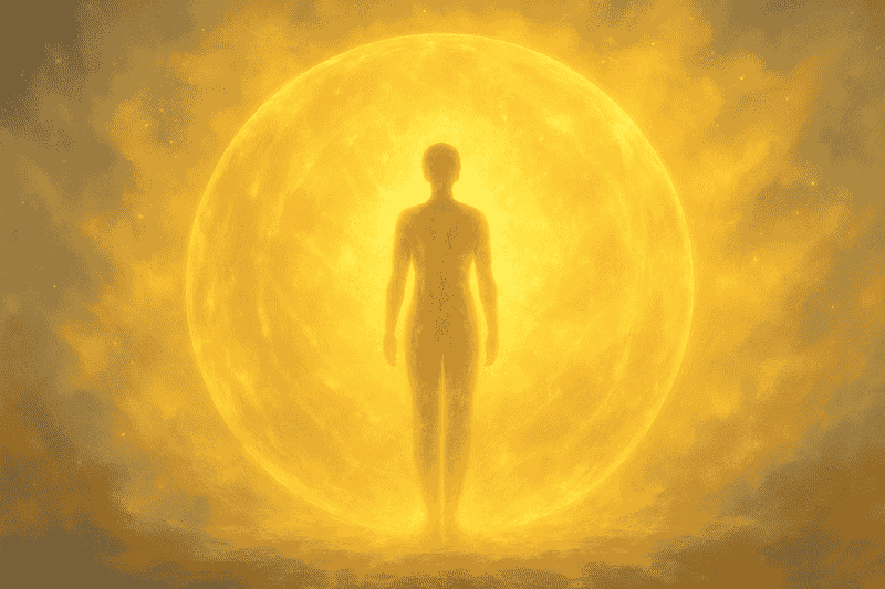 Lichtschutzaktivierung: Menschliche Silhouette steht in einer goldenen, leuchtenden Lichtkugel, die als energetisches Schutzschild wirkt, umgeben von sanftem strahlendem Schein.