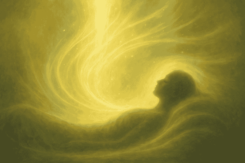 Mediale Begleitung bei Krankheit: Liegende Silhouette wird von goldenem Lichtstrom und heilender Energie umhüllt, symbolisiert Trost, Kraft und Geborgenheit.